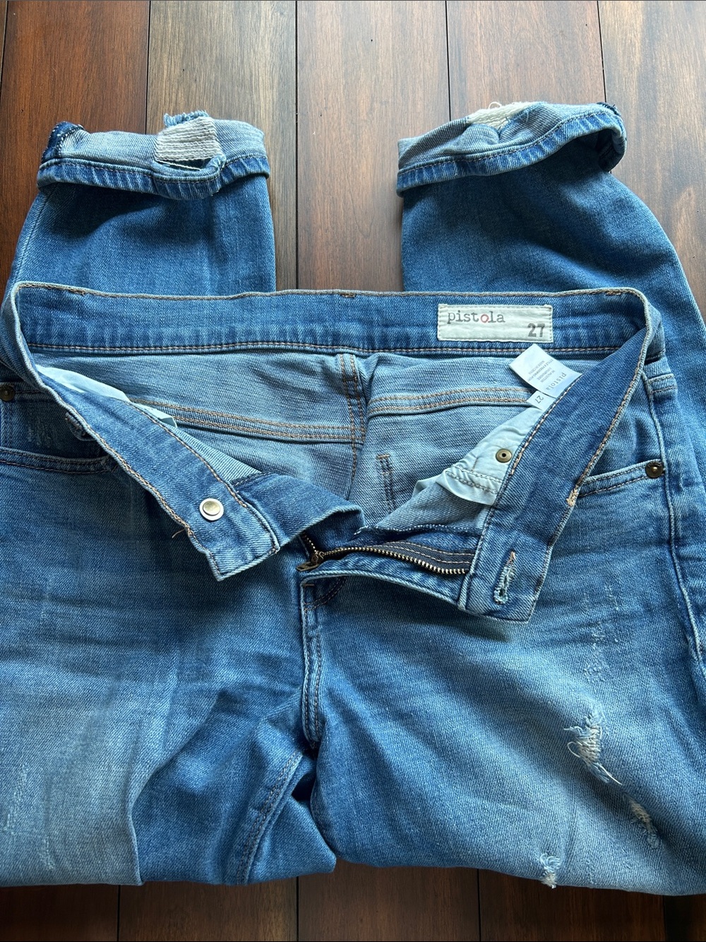 Pistola Blue Rolled Cuff Distressed Jeans. Size 27